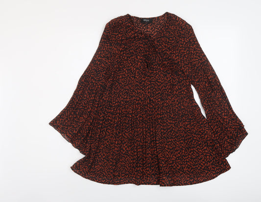 Klass Womens Brown Animal Print Polyester Basic Blouse Size 10 Round Neck