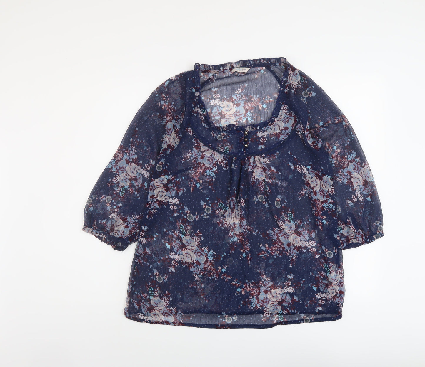 Indigo Womens Blue Floral Polyester Basic Blouse Size 10 Round Neck