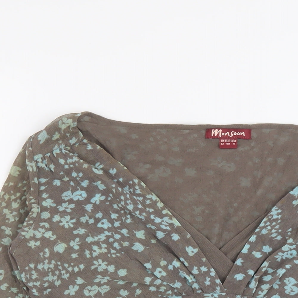 Monsoon Womens Brown Floral Nylon Basic Blouse Size 12 V-Neck