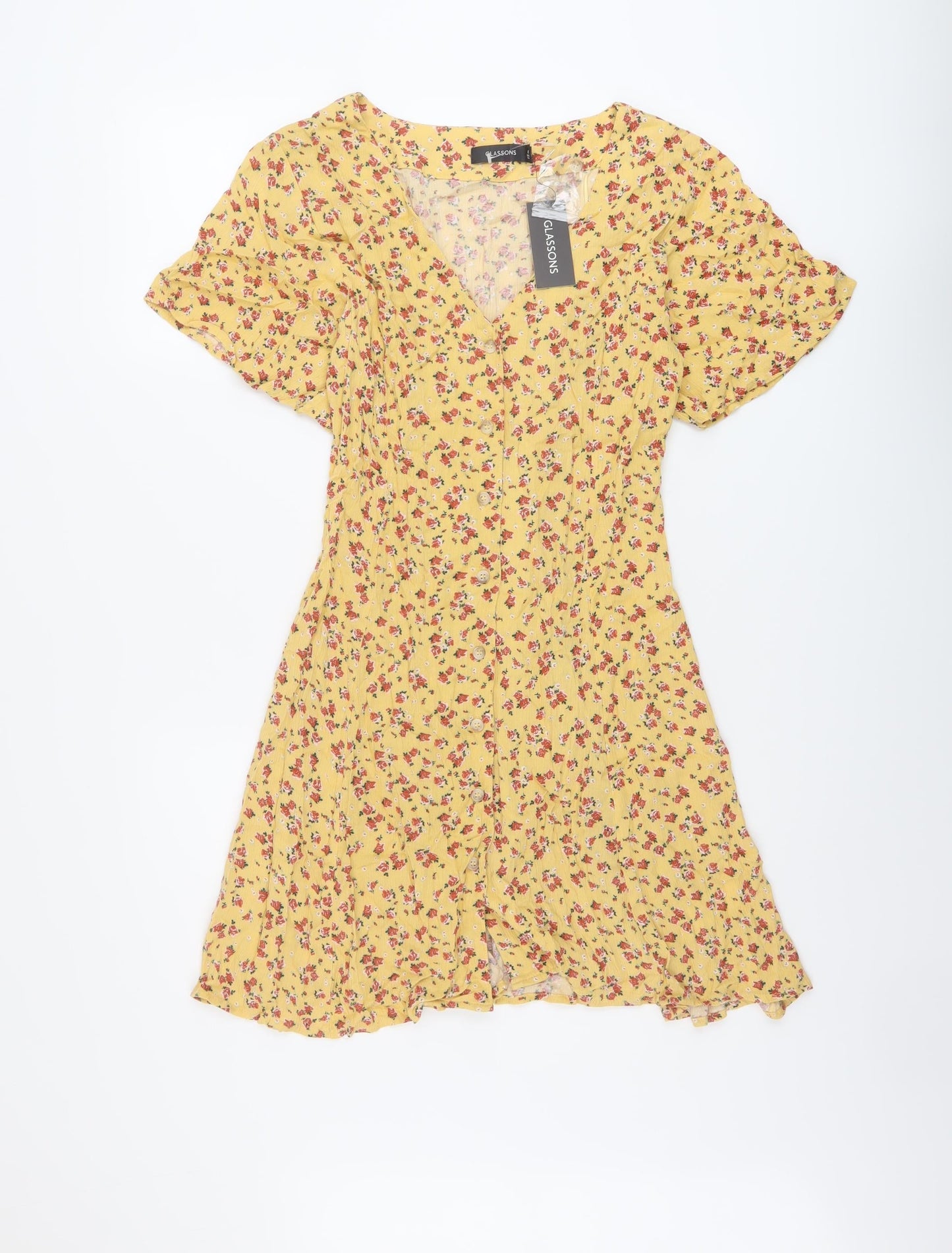 Glassons Womens Yellow Floral Viscose A-Line Size 6 V-Neck Button