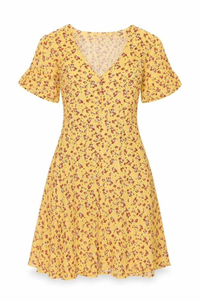 Glassons Womens Yellow Floral Viscose A-Line Size 6 V-Neck Button