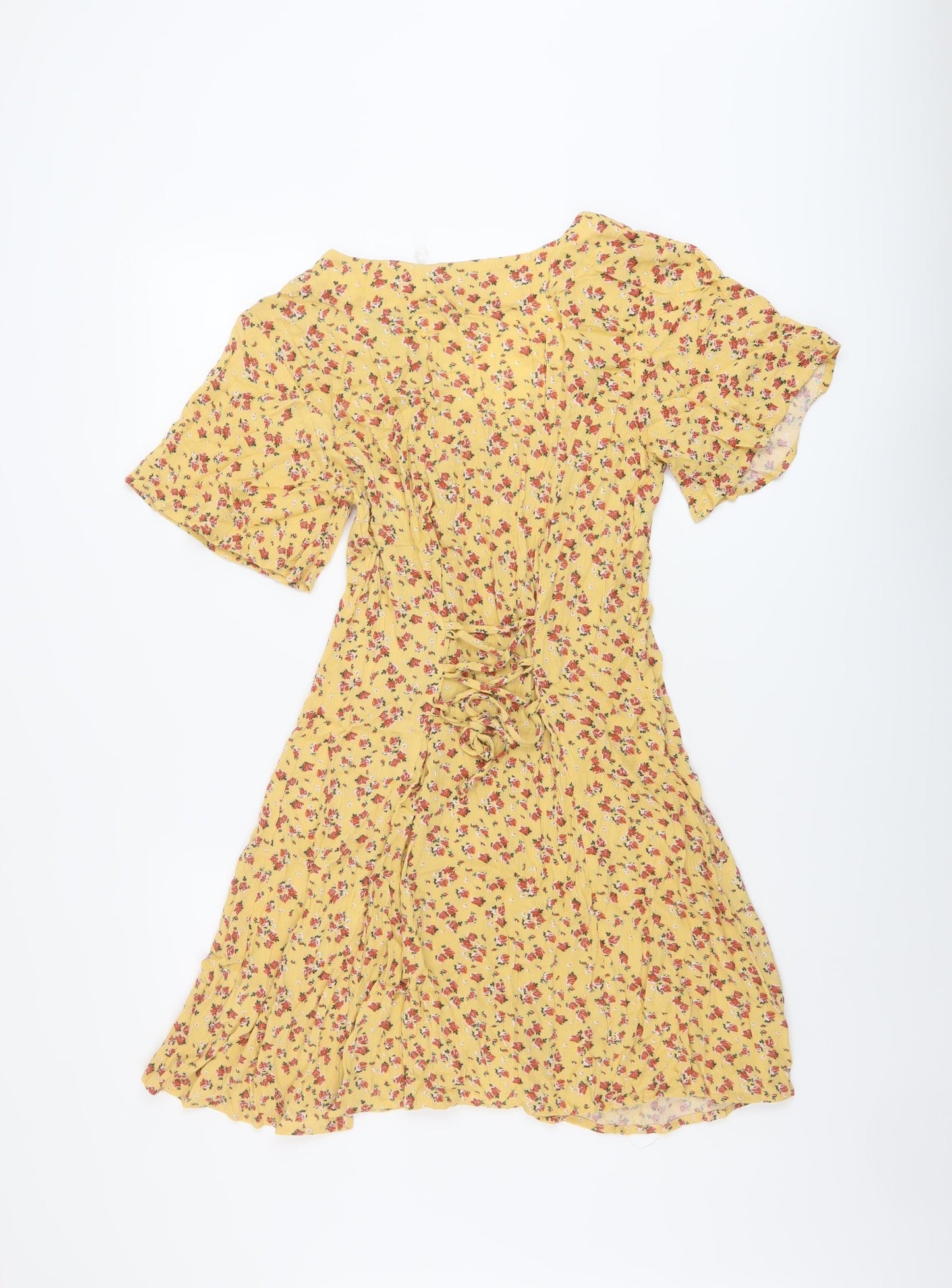 Glassons Womens Yellow Floral Viscose A-Line Size 6 V-Neck Button