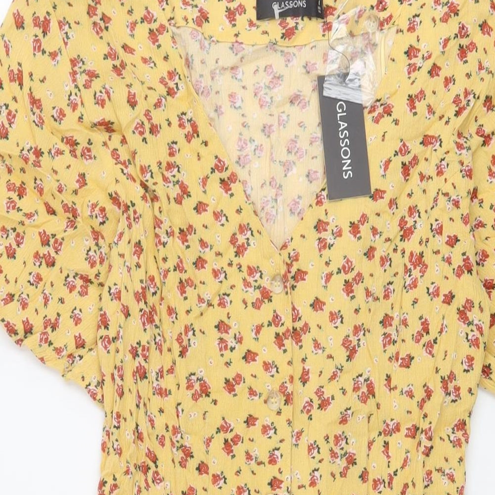 Glassons Womens Yellow Floral Viscose A-Line Size 6 V-Neck Button