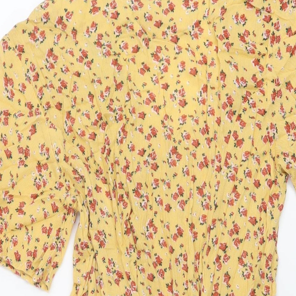 Glassons Womens Yellow Floral Viscose A-Line Size 6 V-Neck Button
