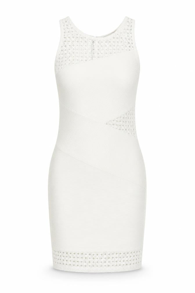 Front view of Miss Selfridge women’s ivory polyester bodycon, size UK 8, round neck zip