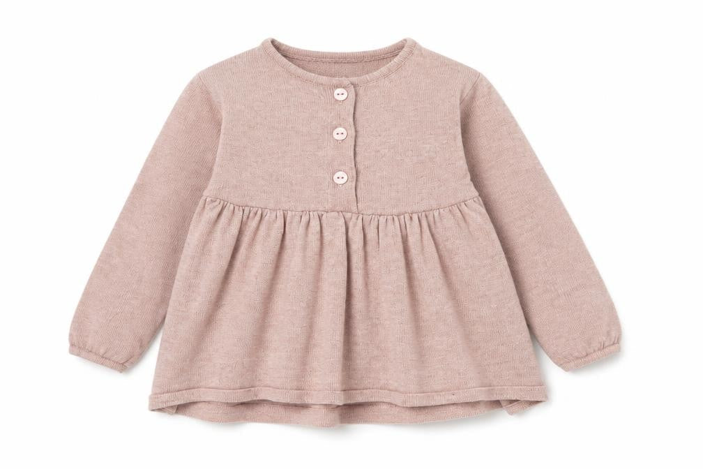 Front view of Zara girls’ purple polyester pinafore/dungaree dress, size 12-18, months crew neck button