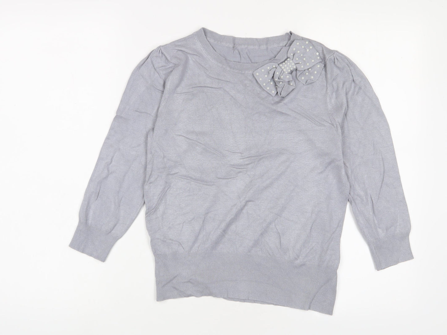 Oasis Womens Grey Crew Neck Viscose Pullover Jumper Size S - Bow, Beaded