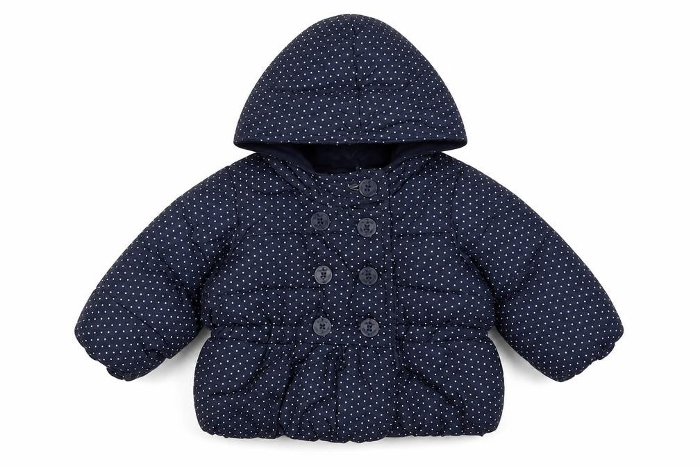 Front view of Gap girls’ blue polka dot biker coat, size 3-6, months button