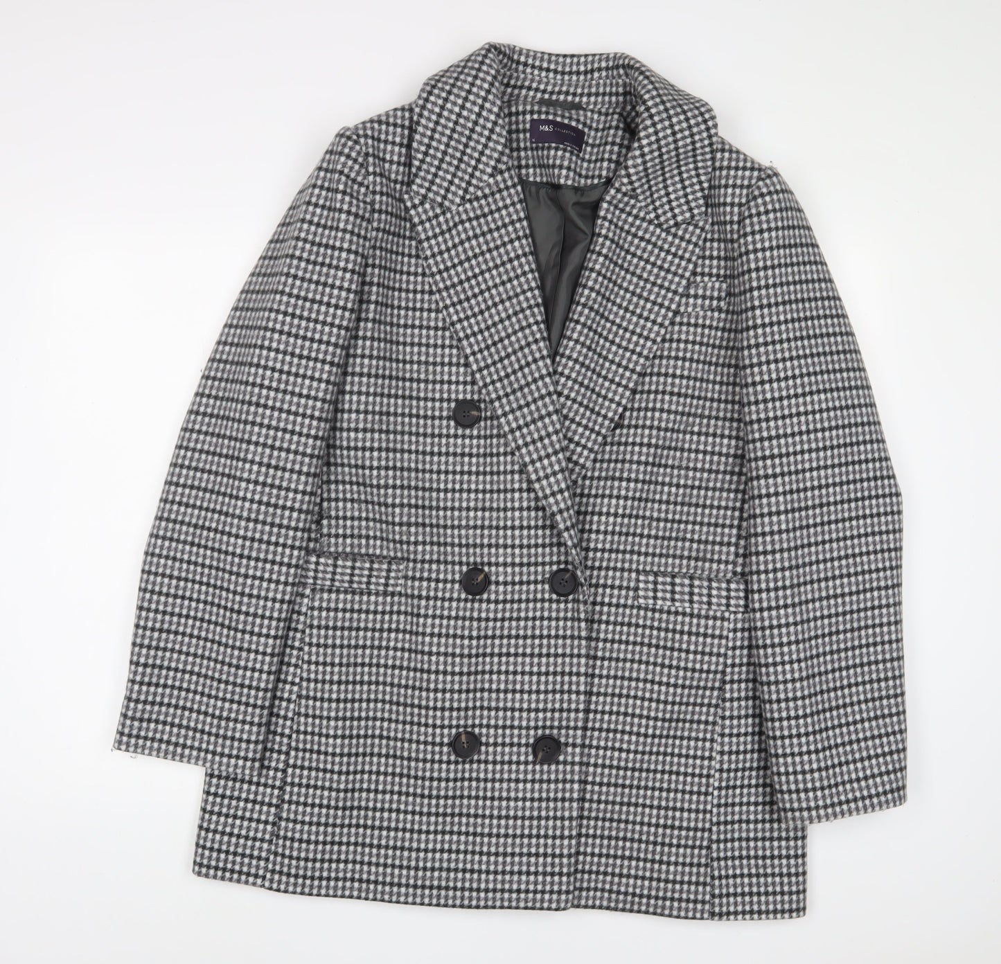 Marks and Spencer Womens Grey Plaid Overcoat Coat Size 16 Button - Pockets