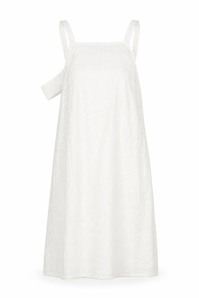 Front view of ASOS women’s white cotton shift, size UK 4, square neck zip - buckle detail floral lace