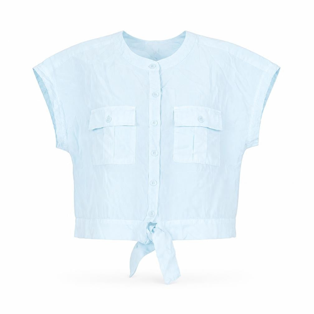 Bella Dahl Womens Blue Lyocell Basic Button-Up Size L Round Neck - Tie Detail