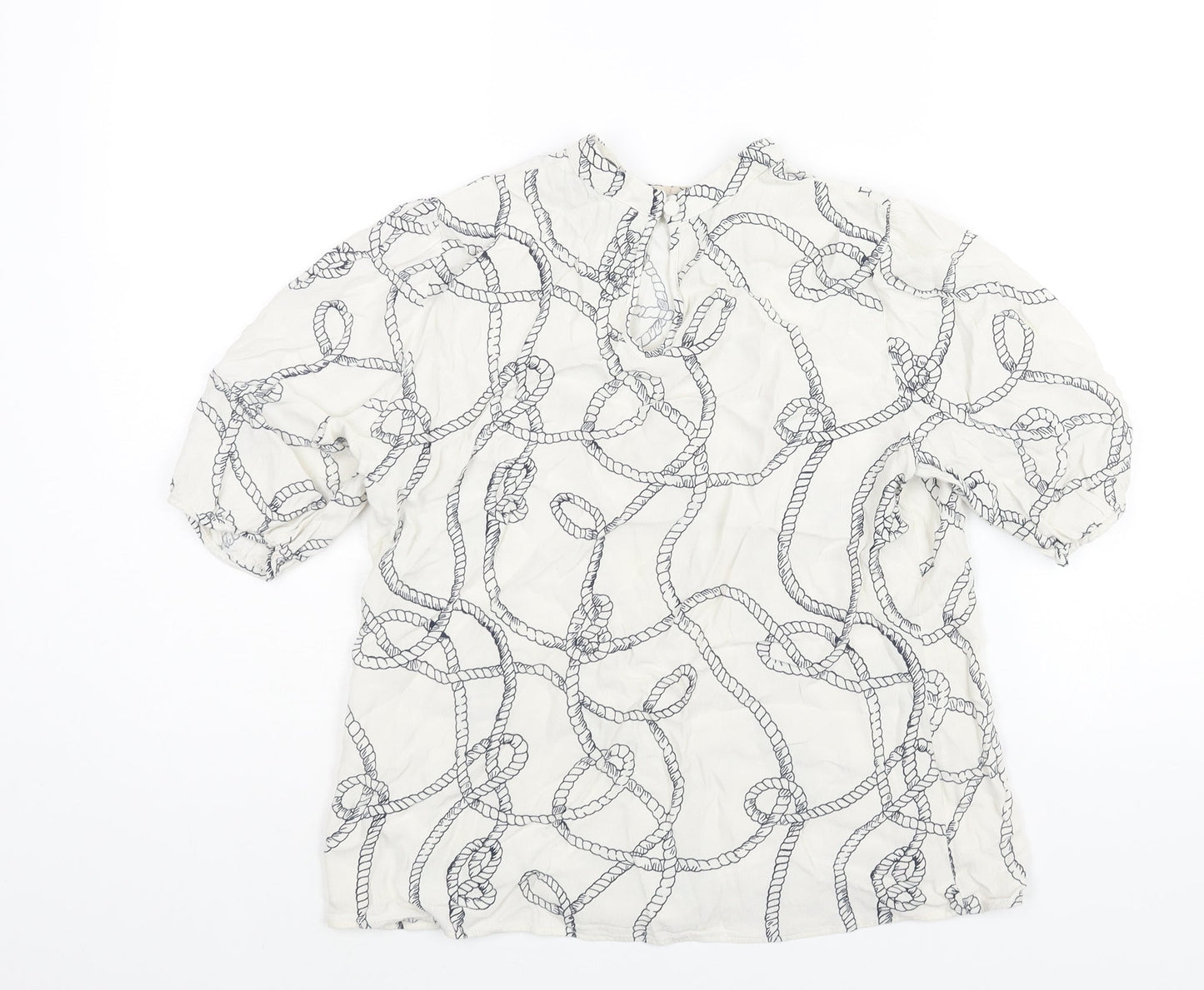 Marks and Spencer Womens White Geometric Viscose Basic Blouse Size 12 Mock Neck - Rope Pattern