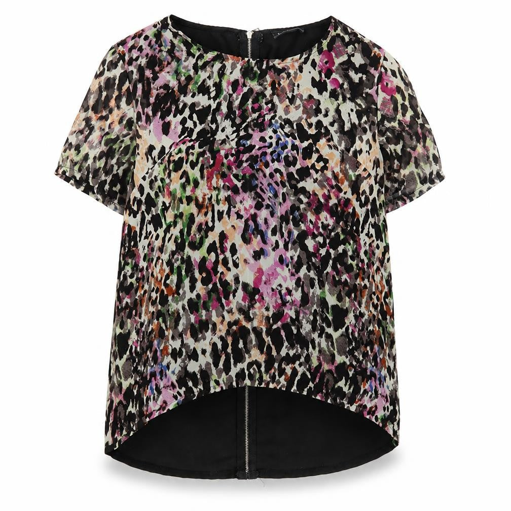 Poppy Lux Womens Multicoloured Polyester Basic Blouse Size 8 Round Neck - Leopard Print