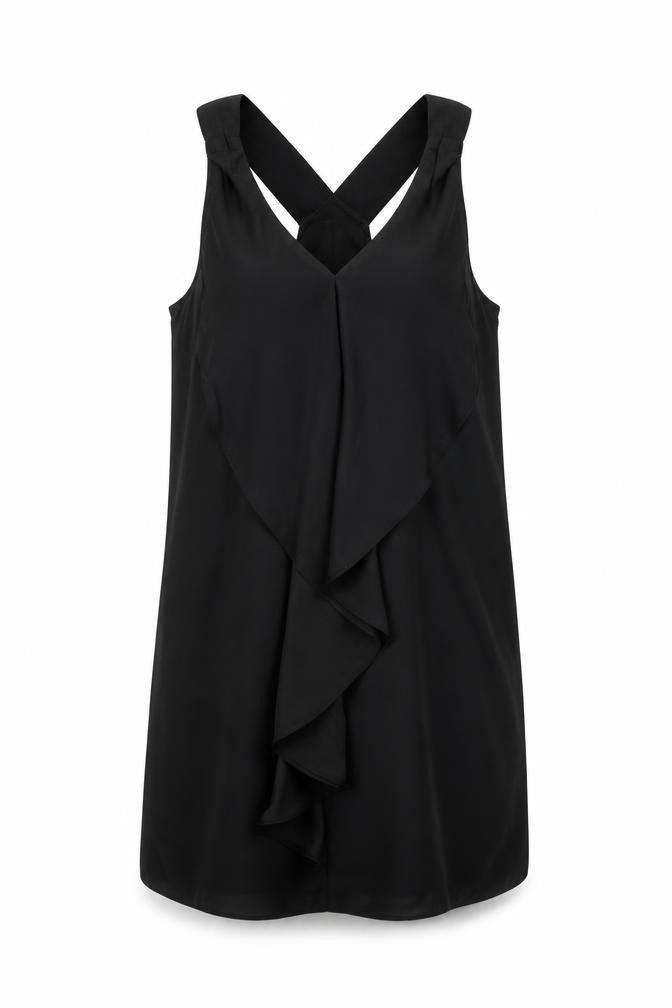 Front view of Silence + Noise women’s black polyester mini, size XS, v-neck pullover - frill