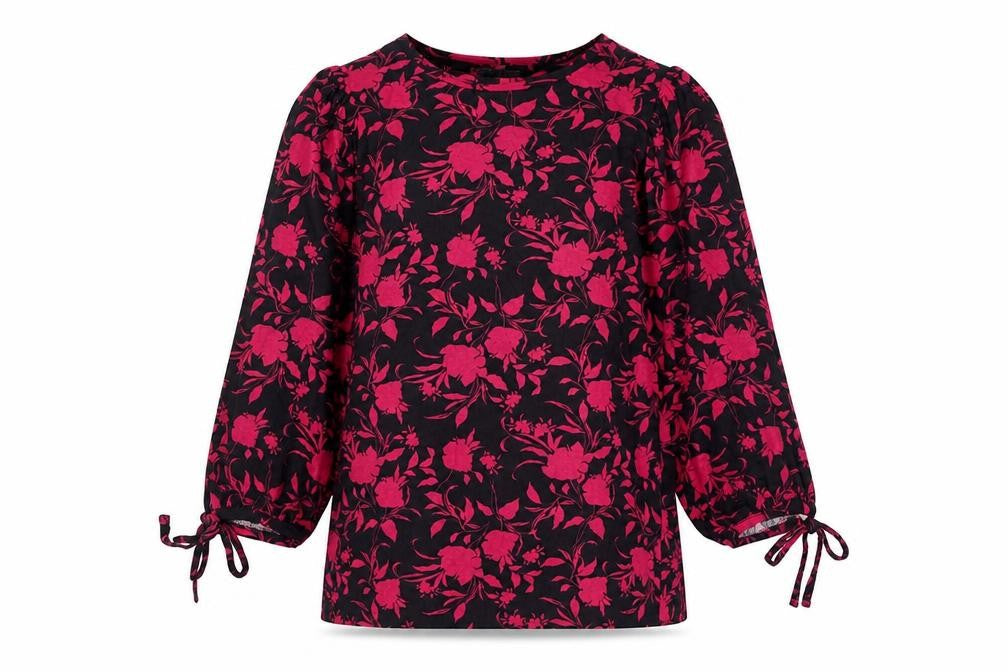 Front view of Principles women’s pink floral viscose basic blouse, size UK 12, round neck - bow detail