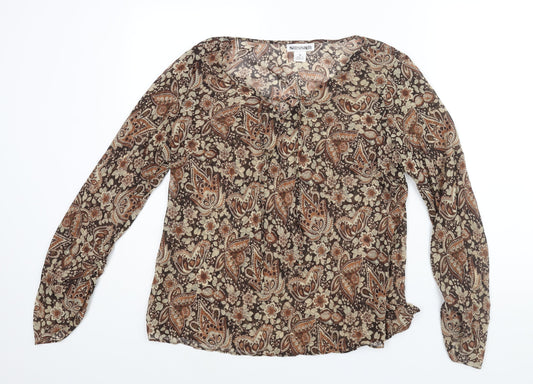 Sussan Womens Brown Polyester Basic Blouse Size 14 V-Neck - Semi Sheer Rouched Sleeve