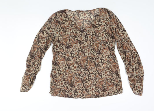 Sussan Womens Brown Polyester Basic Blouse Size 14 V-Neck - Semi Sheer Rouched Sleeve