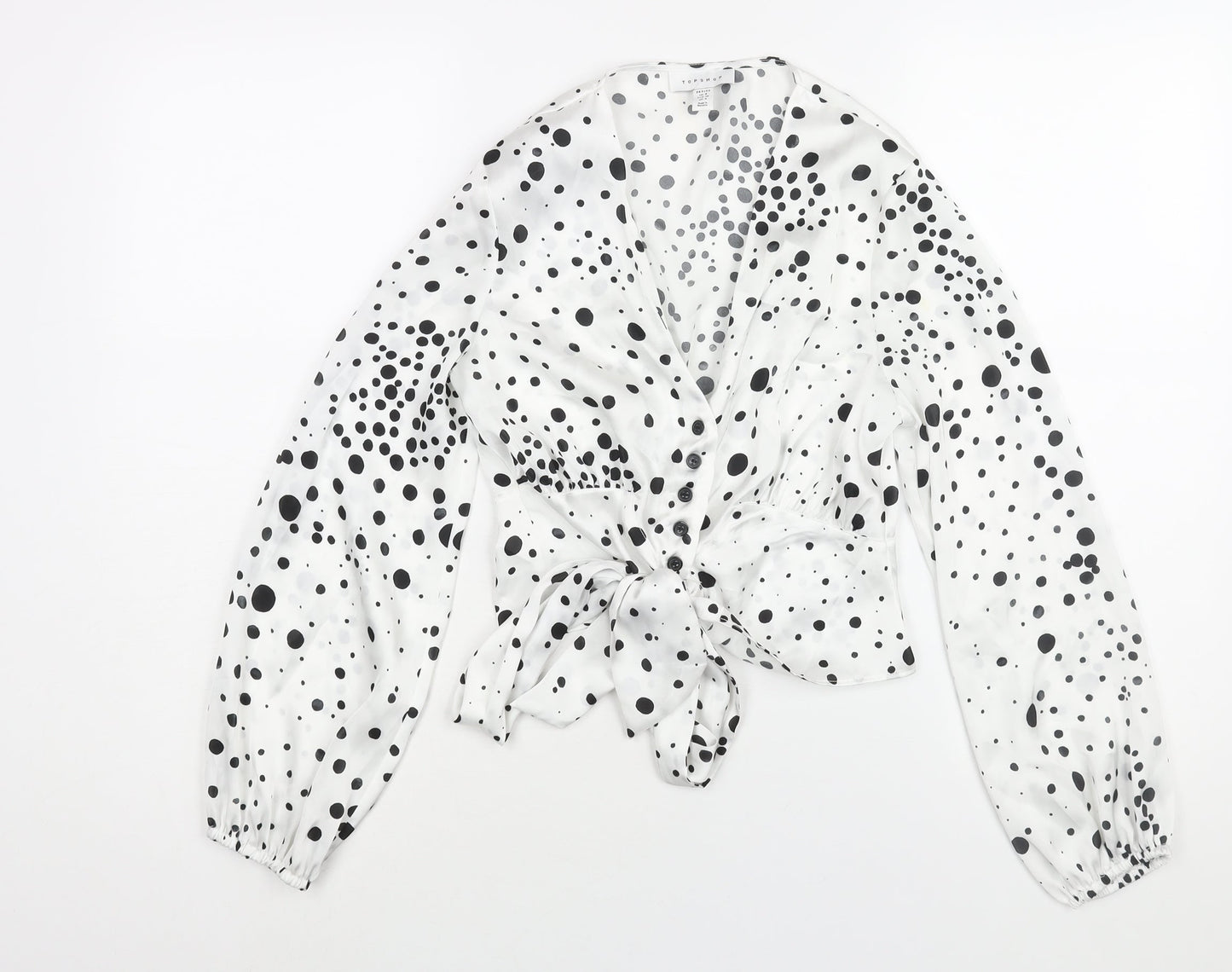 Topshop Womens White Polka Dot Polyester Basic Blouse Size 8 V-Neck - Bow Detail
