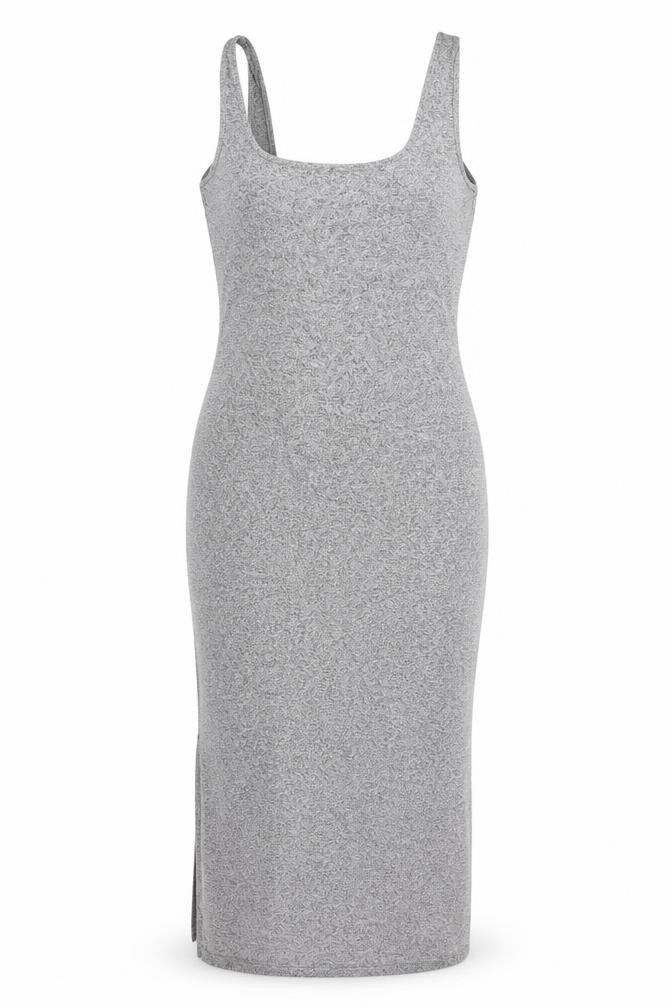 Front view of ASOS women’s grey viscose tank dress, size UK 10, scoop neck pullover - side slit(s)