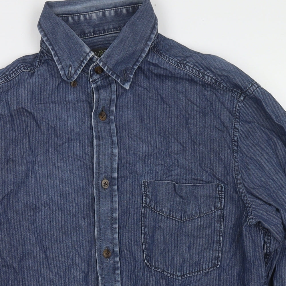 Marks and Spencer Mens Blue Striped Cotton Button-Up Size S Collared Button