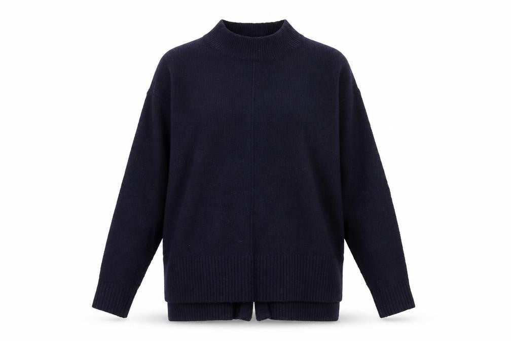 Front view of Red Herring women’s blue mock neck acrylic jumper, size UK 12