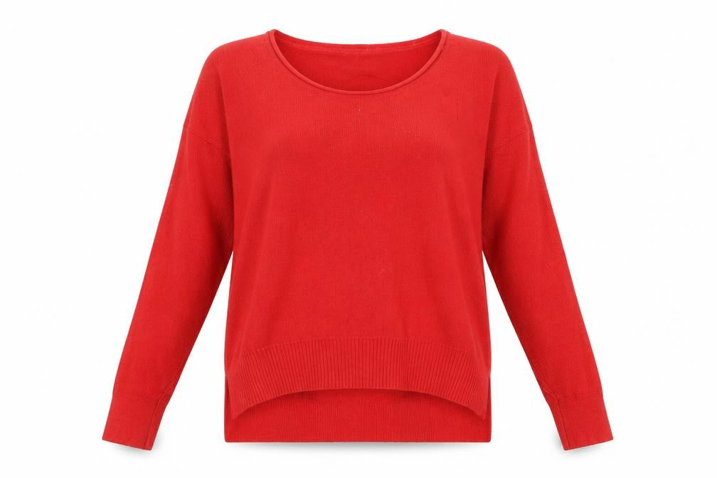 Front view of French Connection women’s red scoop neck acrylic jumper, size S