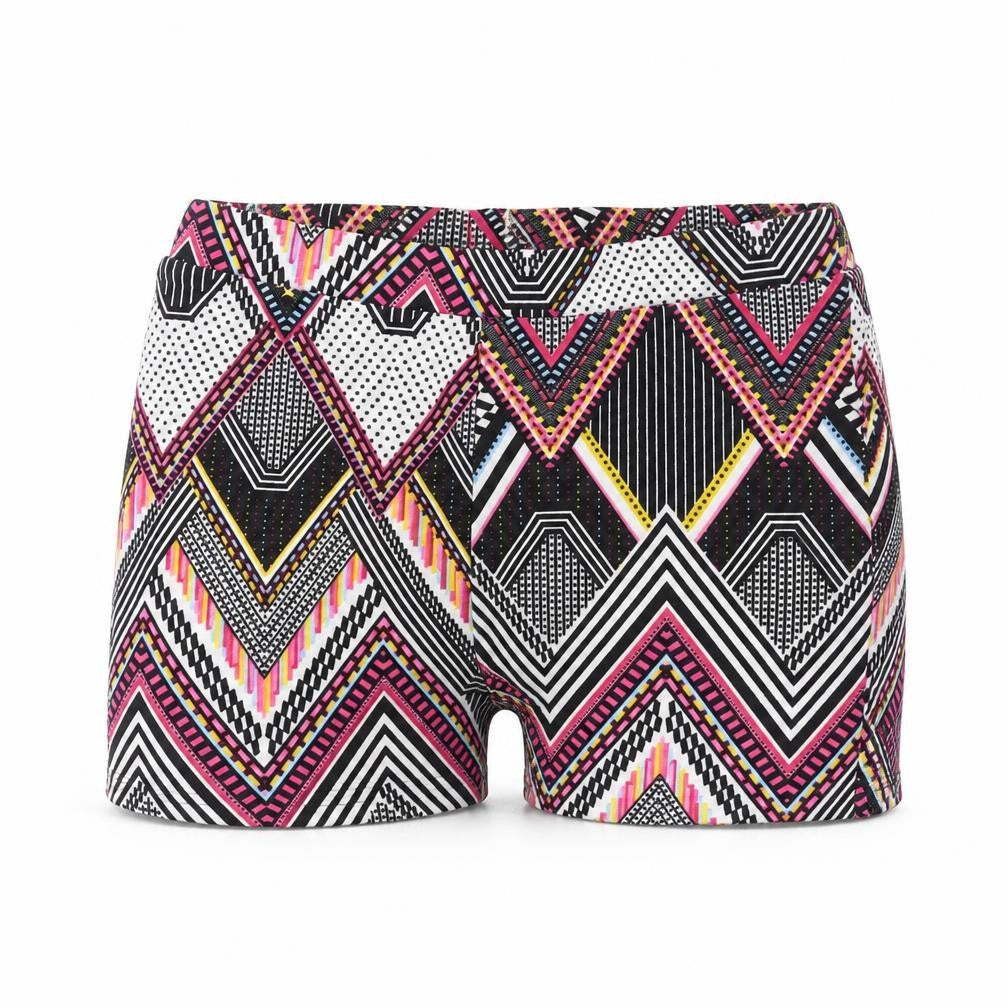 Front view of Missguided women’s multicoloured geometric polyester hot pants shorts, size UK 10, regular pull on