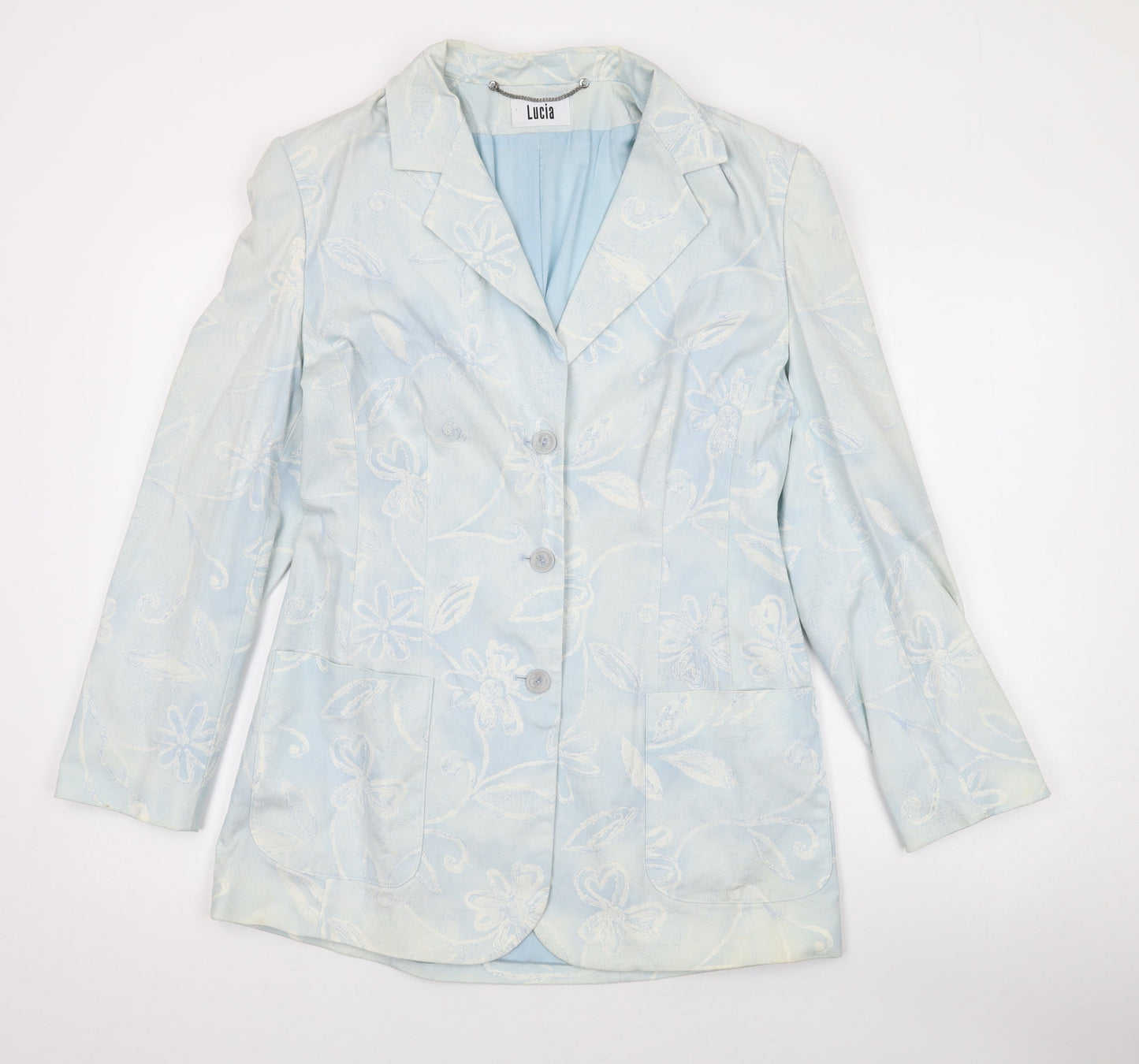 LUCIA Womens Blue Floral Jacket Blazer Size 10 Button