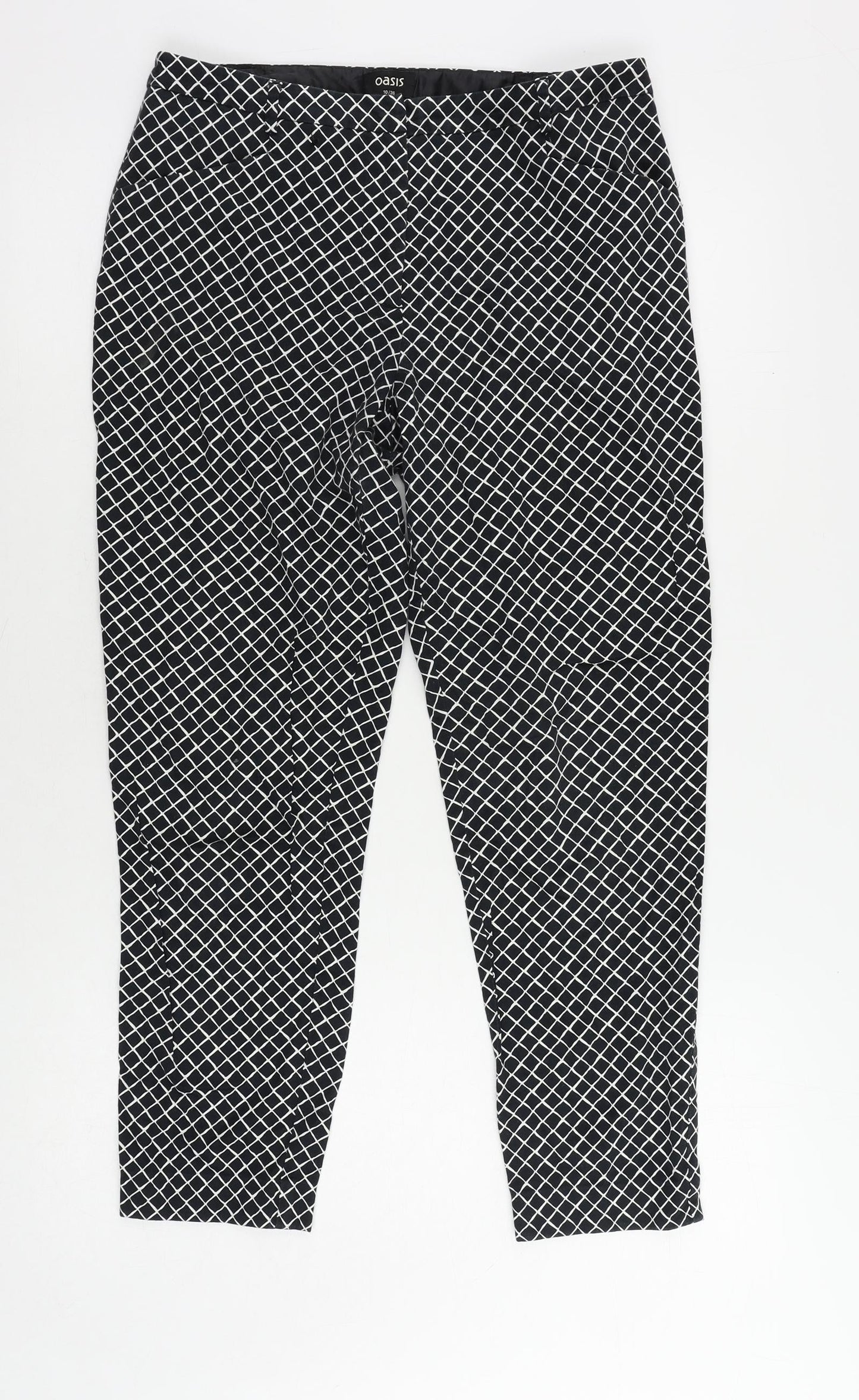 Oasis Womens Black Geometric Cotton Cropped Trousers Size 10 L25 in Regular Zip