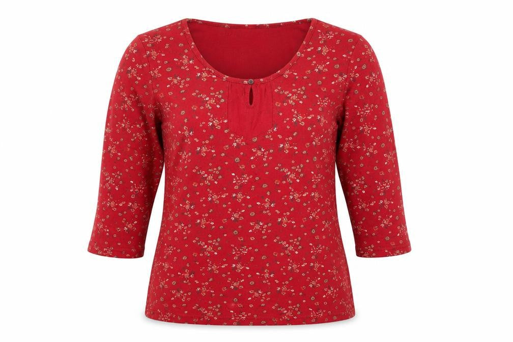 Bonmarché Womens Red Floral Polyester Basic T-Shirt Size S Scoop Neck