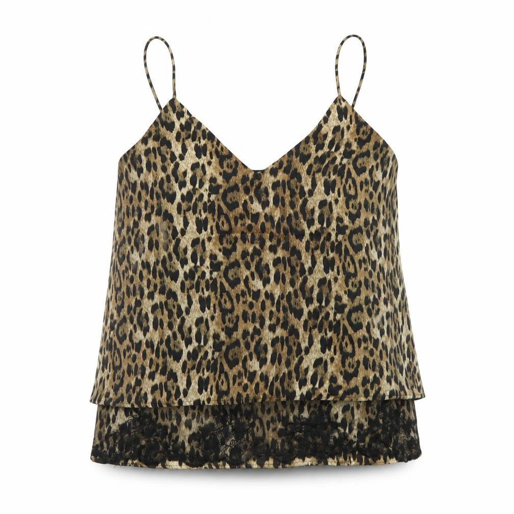 Zara Womens Brown Animal Print Polyester Camisole T-Shirt Size S V-Neck - Leopard Print