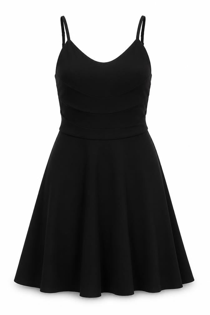Front view of Miss Selfridge women’s black polyester skater dress, size UK 6, round neck pullover