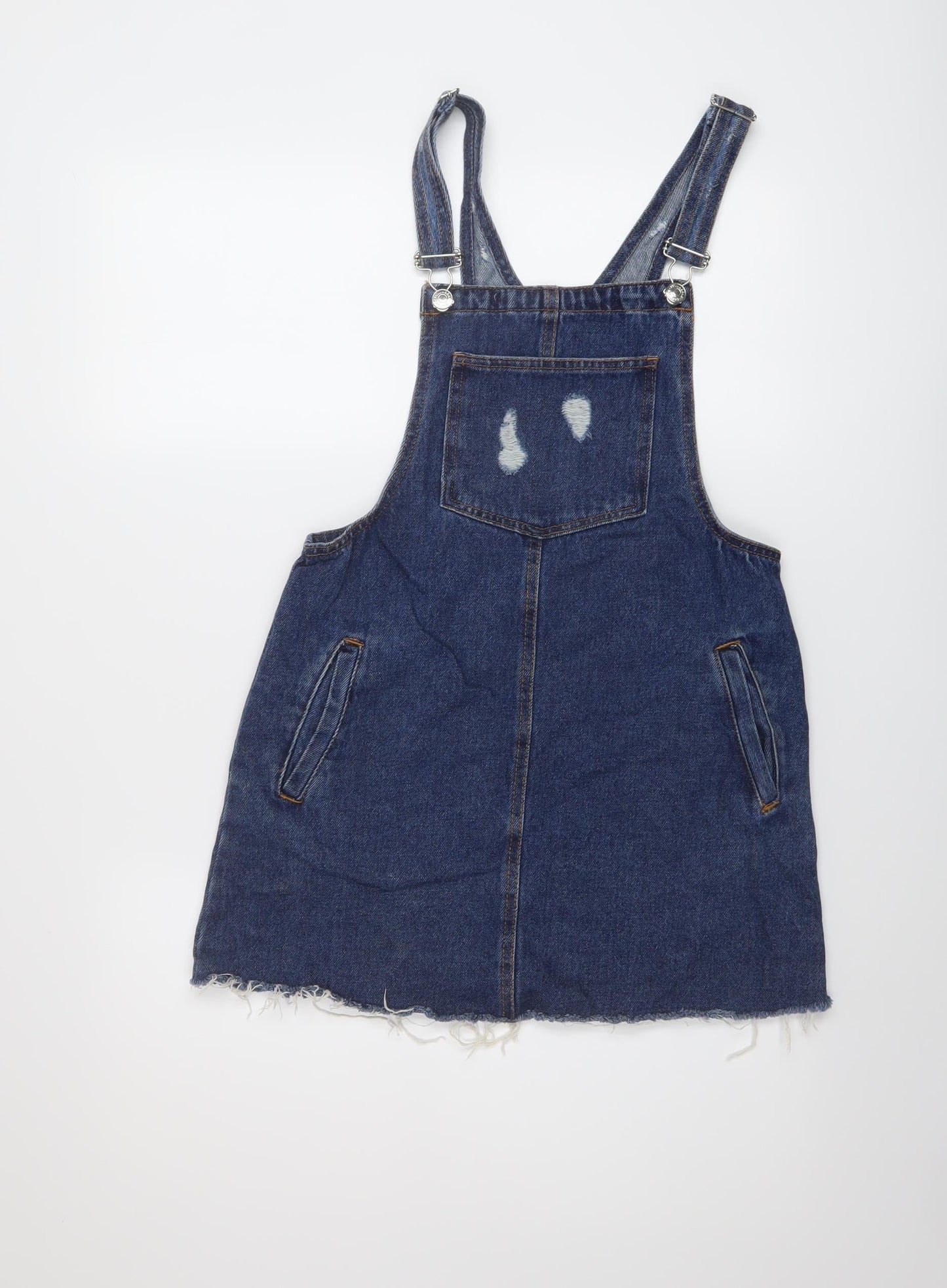 Bershka Womens Blue Cotton Pinafore/Dungaree Dress Size S Square Neck Buckle