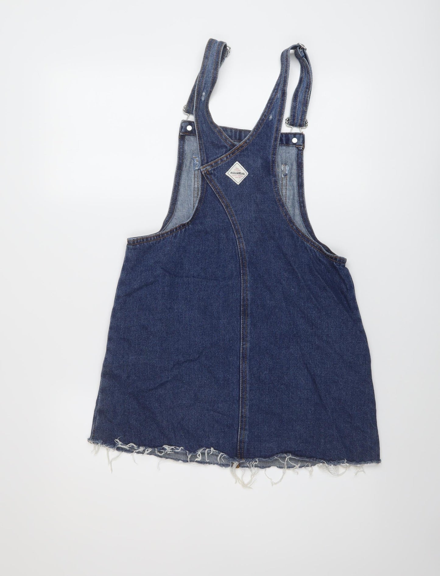 Bershka Womens Blue Cotton Pinafore/Dungaree Dress Size S Square Neck Buckle