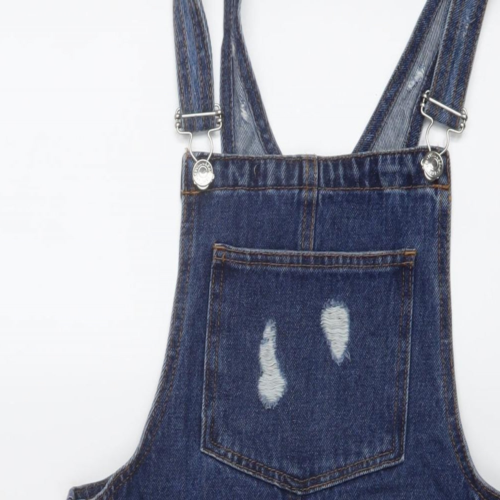 Bershka Womens Blue Cotton Pinafore/Dungaree Dress Size S Square Neck Buckle