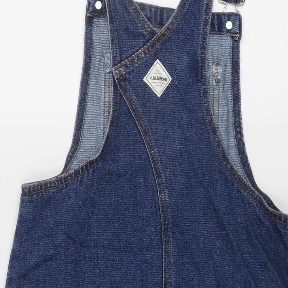 Bershka Womens Blue Cotton Pinafore/Dungaree Dress Size S Square Neck Buckle