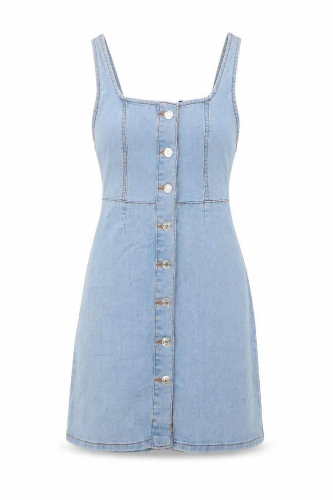 Front view of Denim & Co. women’s blue cotton a-line, size UK 6, round neck button