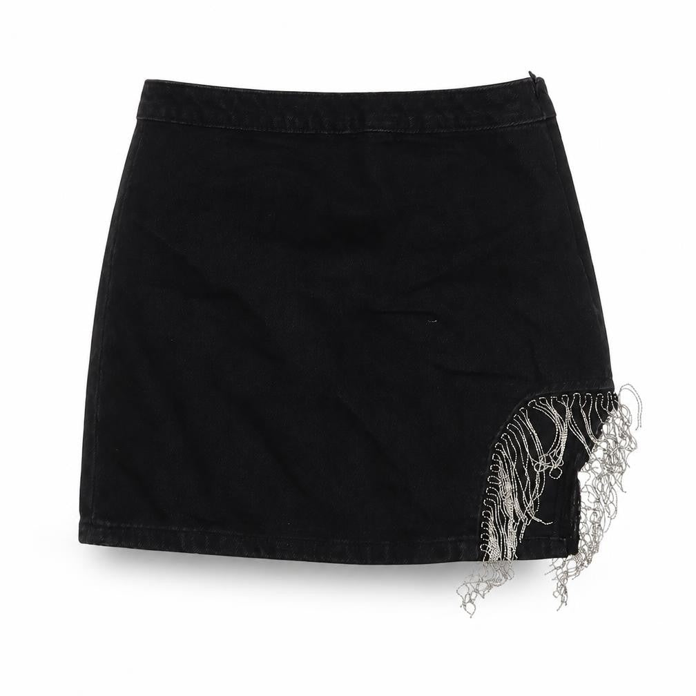 Front view of Denim & Co. women’s black cotton mini skirt, size UK 8, zip