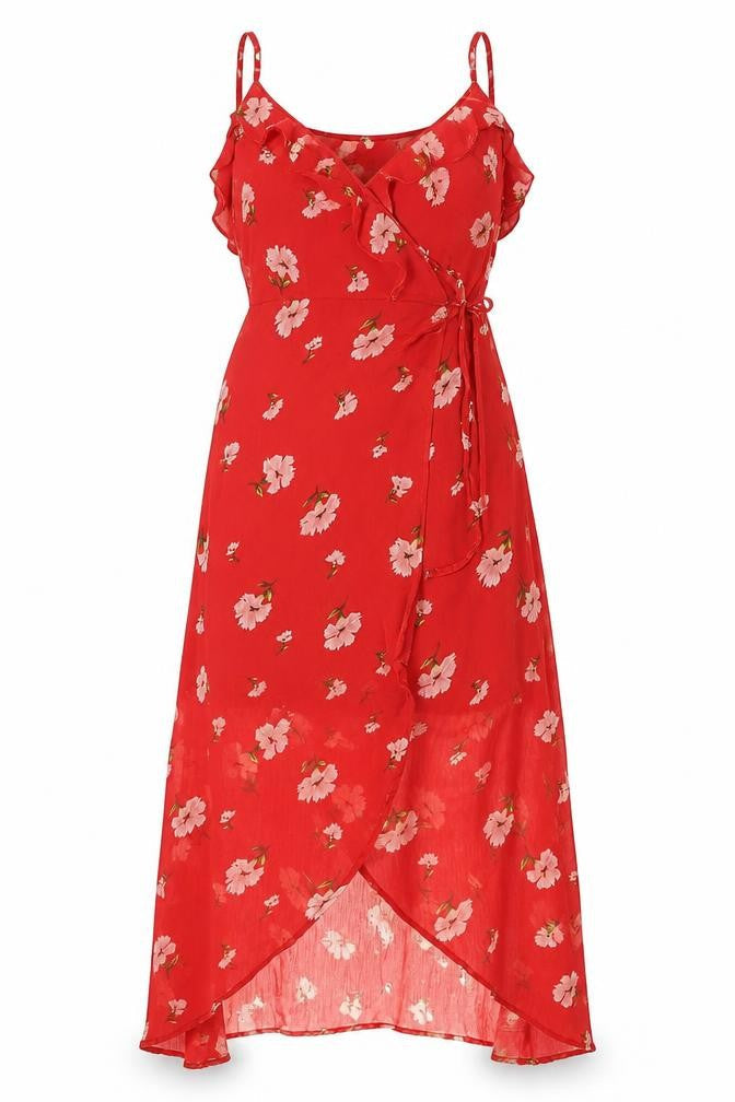 Missguided Womens Red Floral Polyester Wrap Dress Size 10 V-Neck Button - Semi Sheer Frill