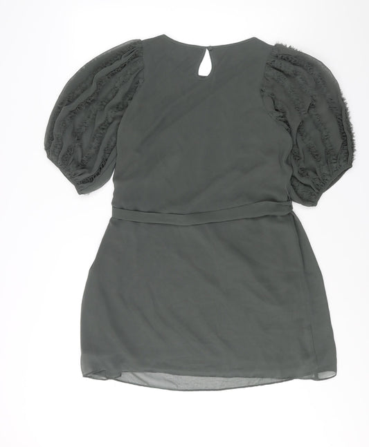 Fever Womens Green Polyester Shift Size 12 Round Neck Button - Frill Sleeve Belted
