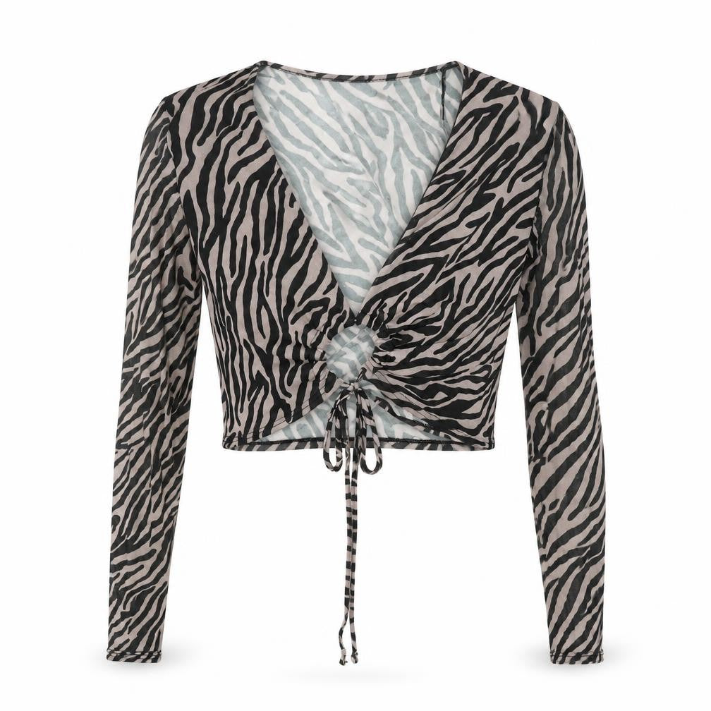 Pink Vanilla Womens Black Animal Print Polyester Cropped Blouse Size 12 V-Neck - Semi Sheer Tiger Print