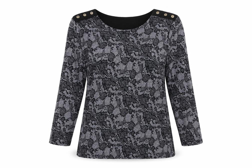 Front view of Alexara women’s black round neck geometric polyester jumper, size UK 16, - button detail floral lace print