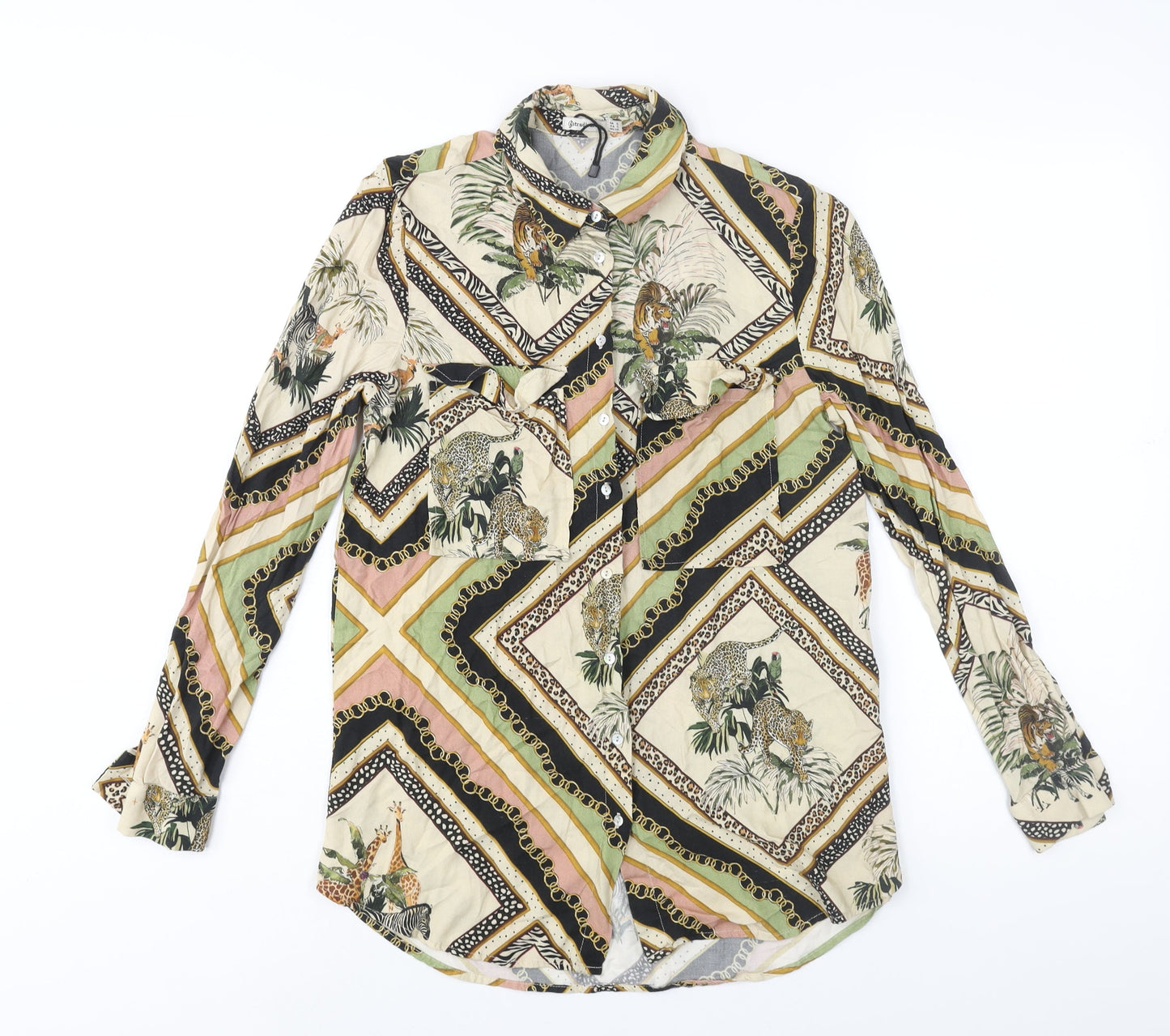 Stradivarius Womens Multicoloured Geometric Viscose Basic Button-Up Size S Collared - Tiger Animal Print
