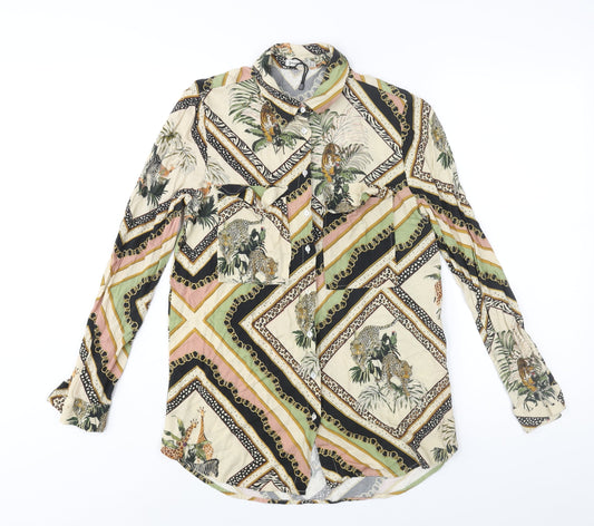 Stradivarius Womens Multicoloured Geometric Viscose Basic Button-Up Size S Collared - Tiger Animal Print