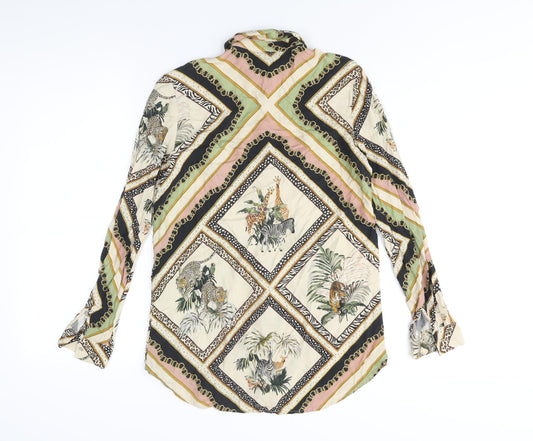Stradivarius Womens Multicoloured Geometric Viscose Basic Button-Up Size S Collared - Tiger Animal Print