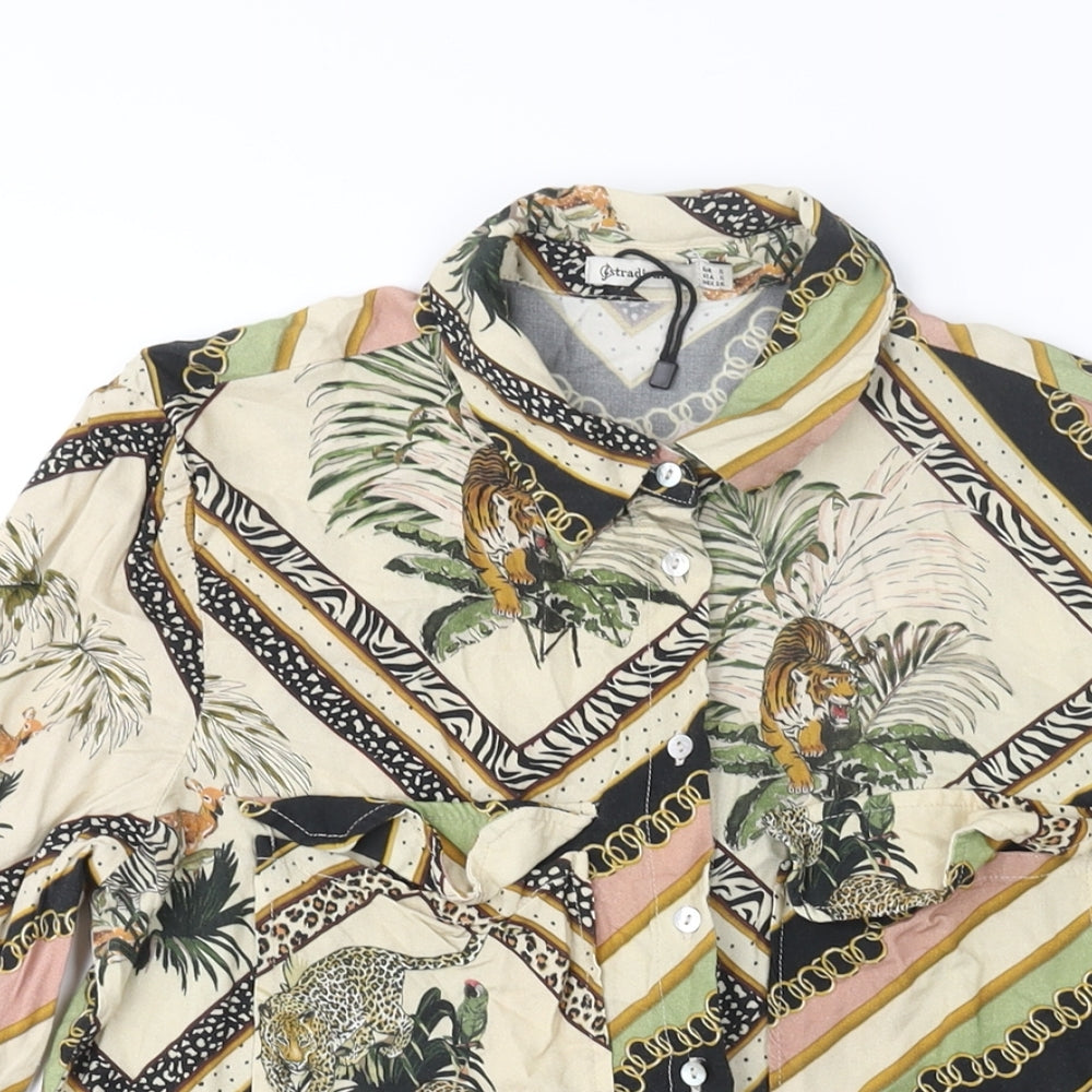 Stradivarius Womens Multicoloured Geometric Viscose Basic Button-Up Size S Collared - Tiger Animal Print