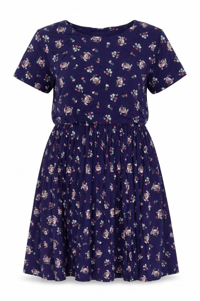 Front view of ASOS women’s blue floral viscose a-line, size UK 10, boat neck pullover