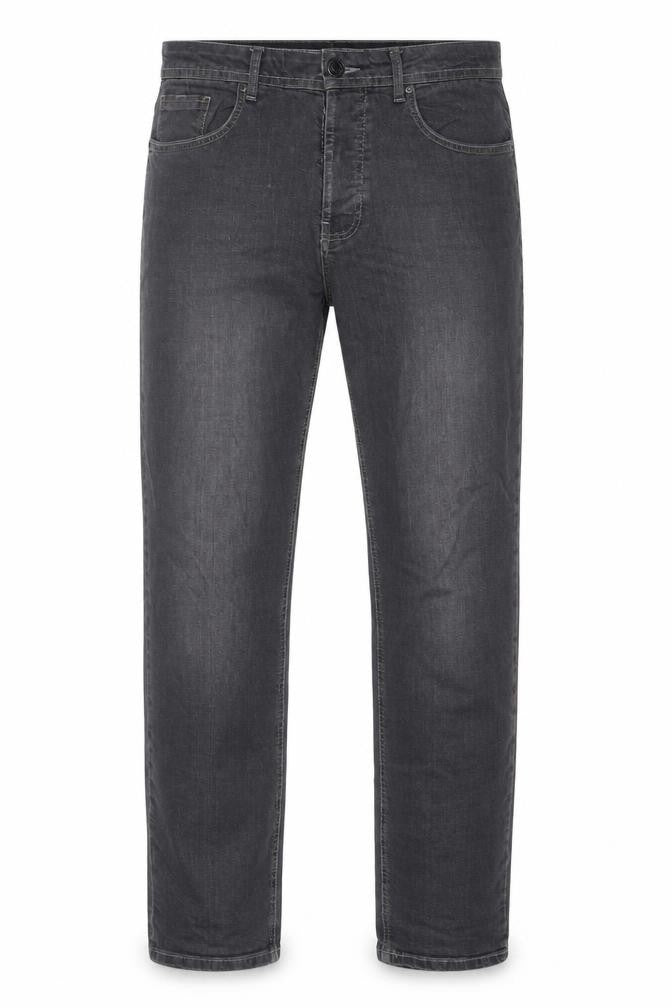 Front view of Denim & Co. men’s grey cotton straight jeans, size 32, in, 32-inch leg regular button
