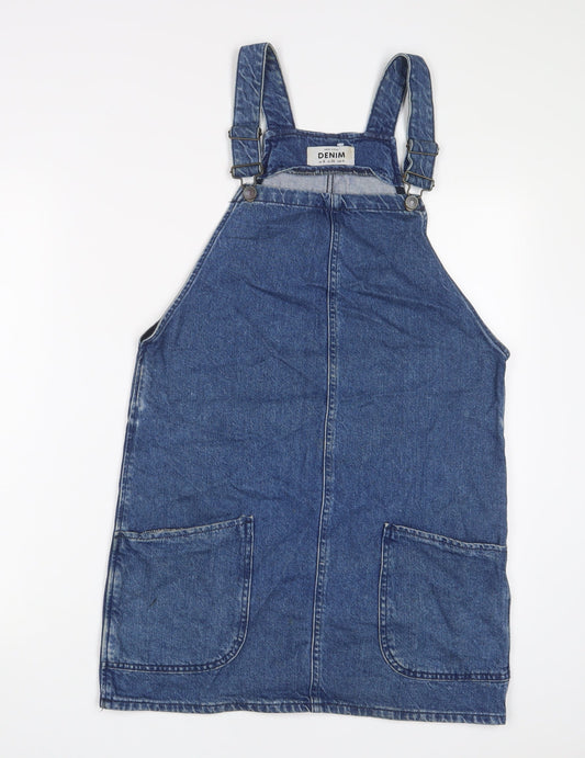 New Look Womens Blue Cotton Pinafore/Dungaree Dress Size 8 Square Neck Button