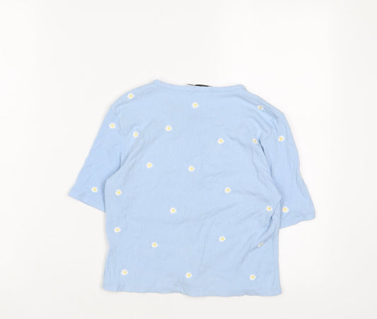 Stradivarius Womens Blue Floral Cotton Cropped T-Shirt Size S Crew Neck